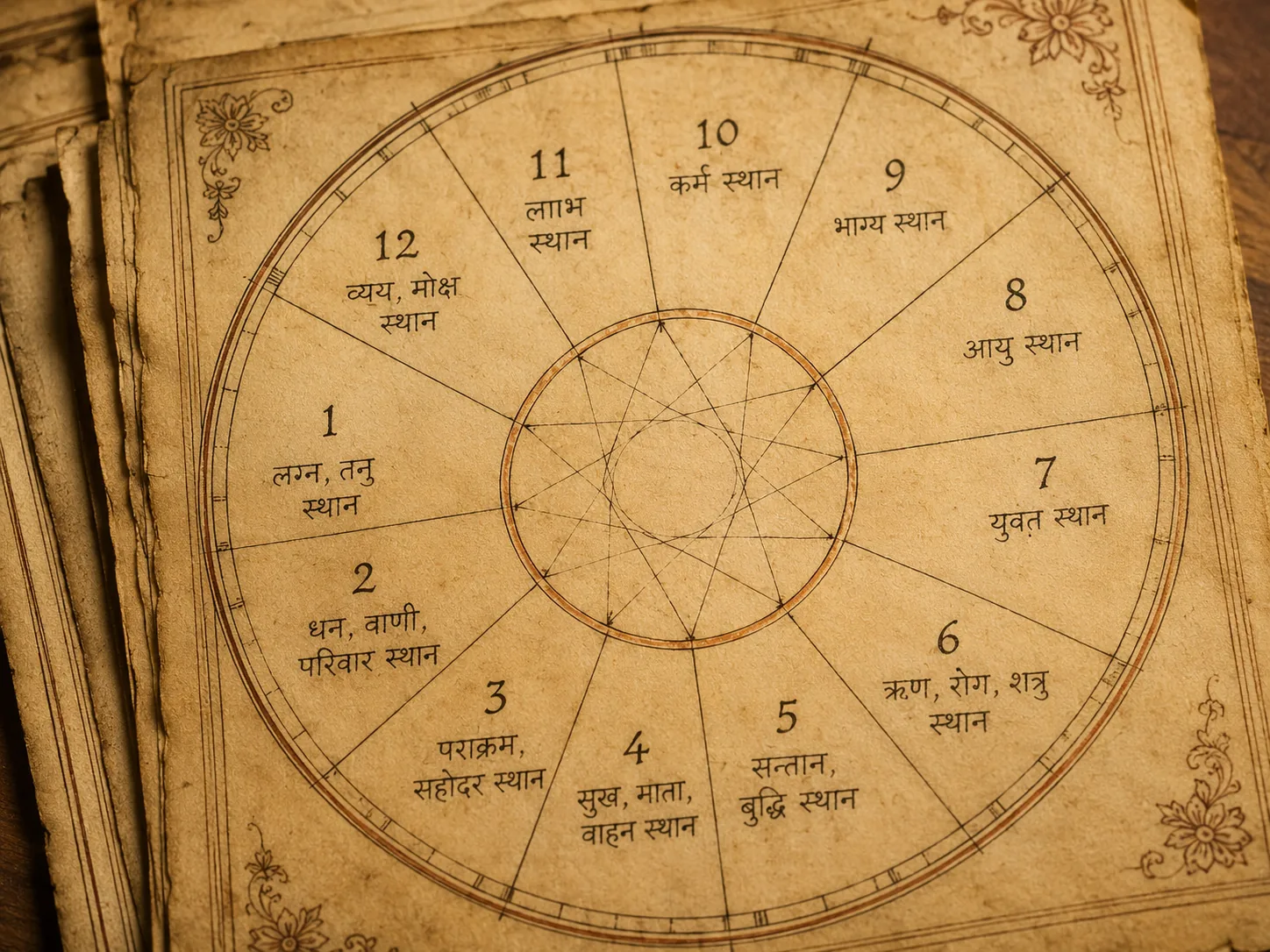 Vedic Kundli chart showing 12 houses on traditional paper
