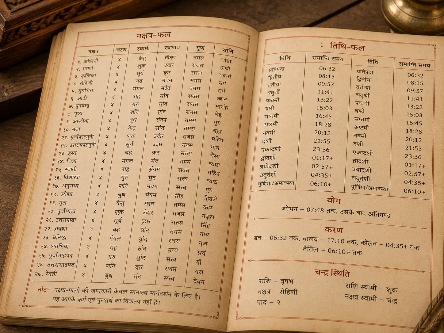 Traditional Panchang almanac page showing lunar timing details
