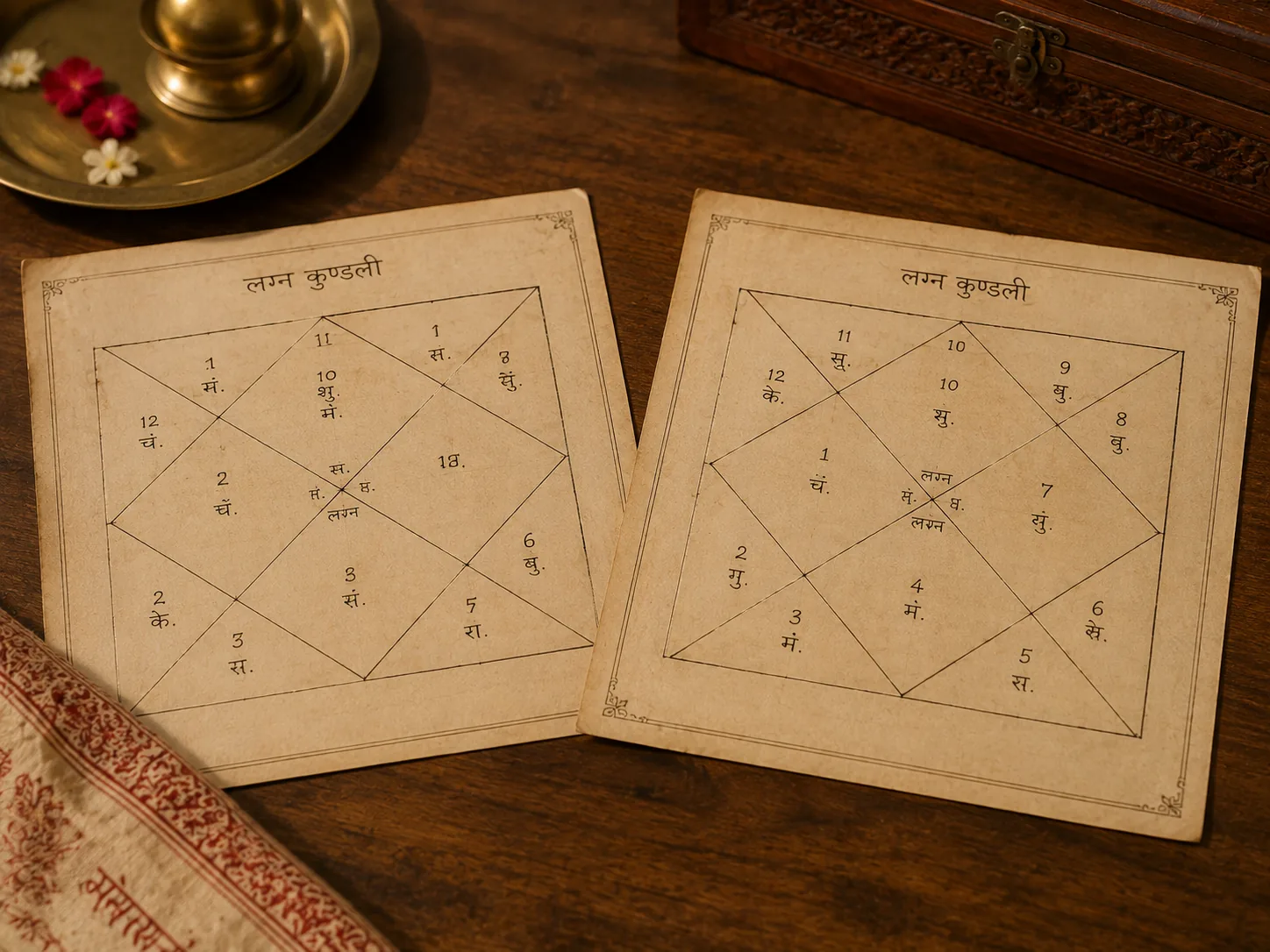 Two Kundli charts placed side by side for compatibility matching