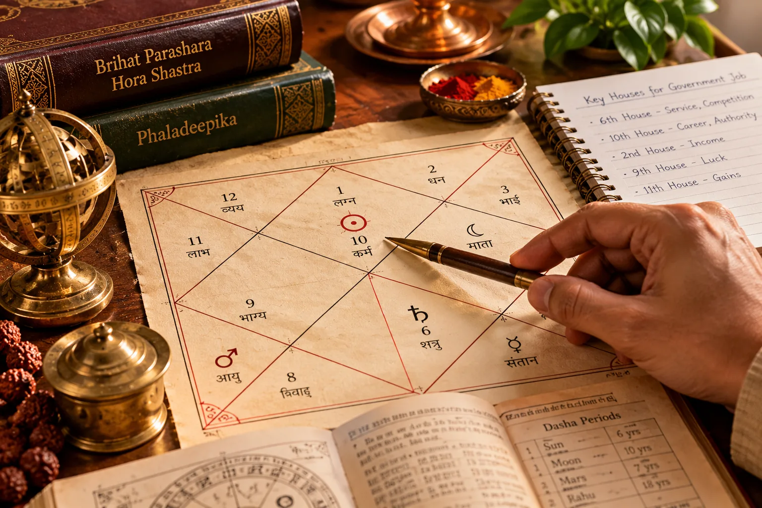 Government job in kundli showing the Sun, Saturn and career houses in Vedic astrology