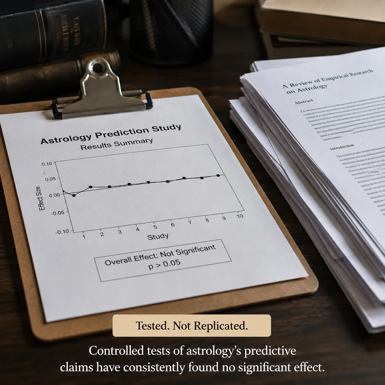 Realistic photo of research documents with a flat-result graph representing untested astrology claims