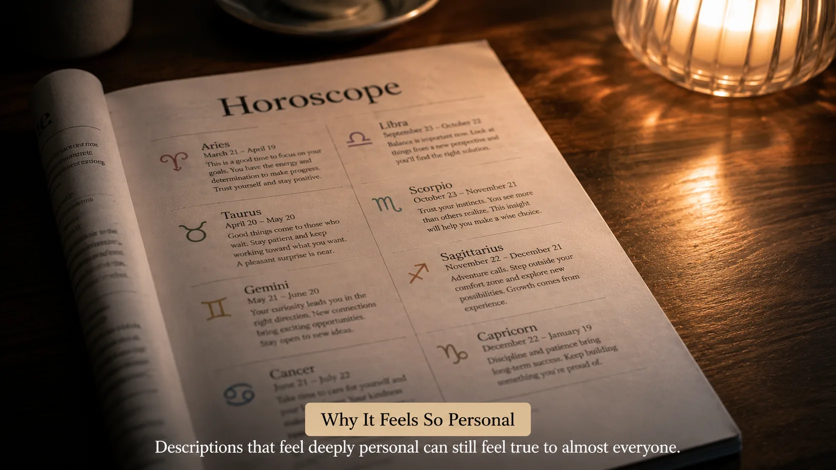 Realistic photo of a horoscope page representing why broad descriptions feel personally true