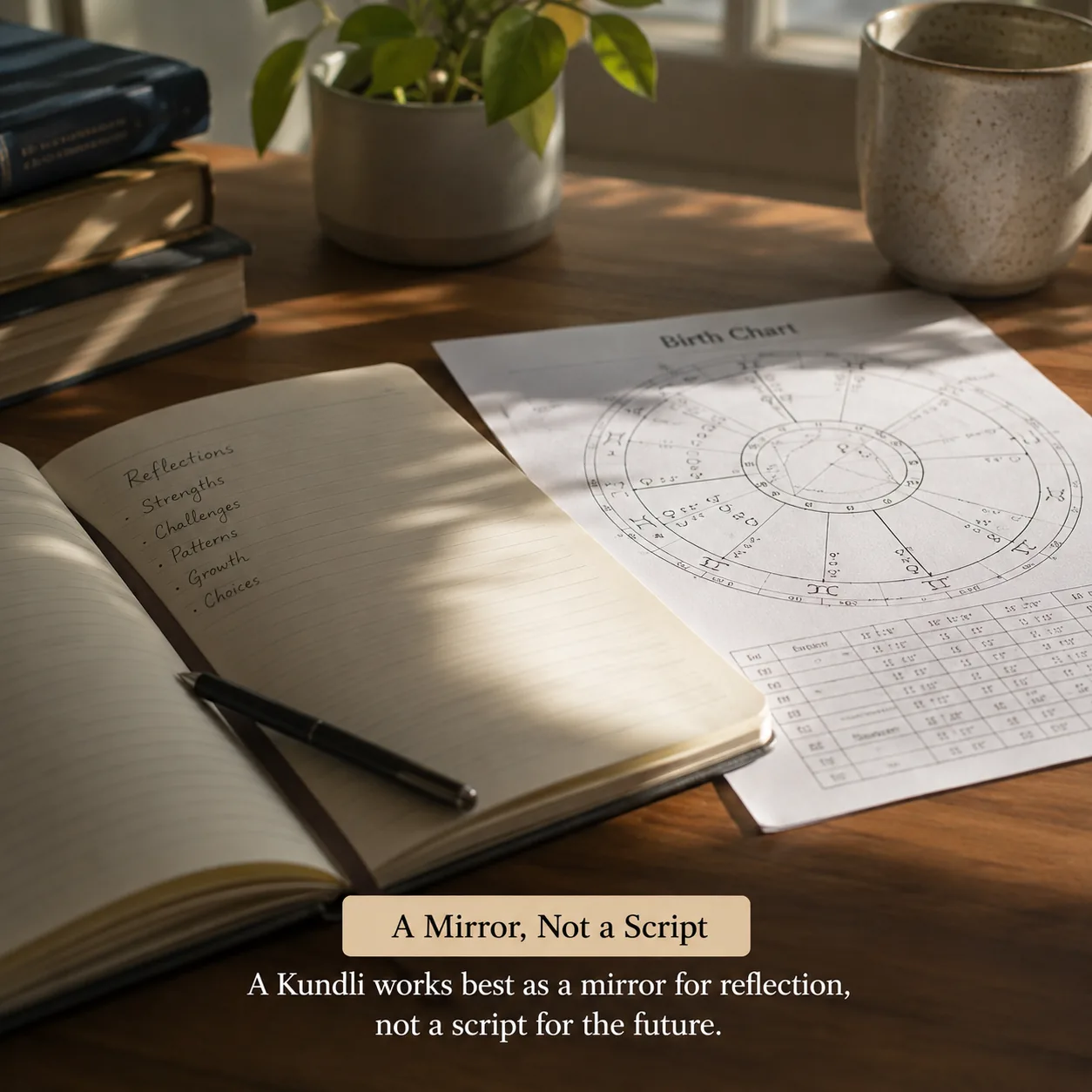 Realistic photo of a journal and birth chart representing reflective, non-predictive use of a Kundli