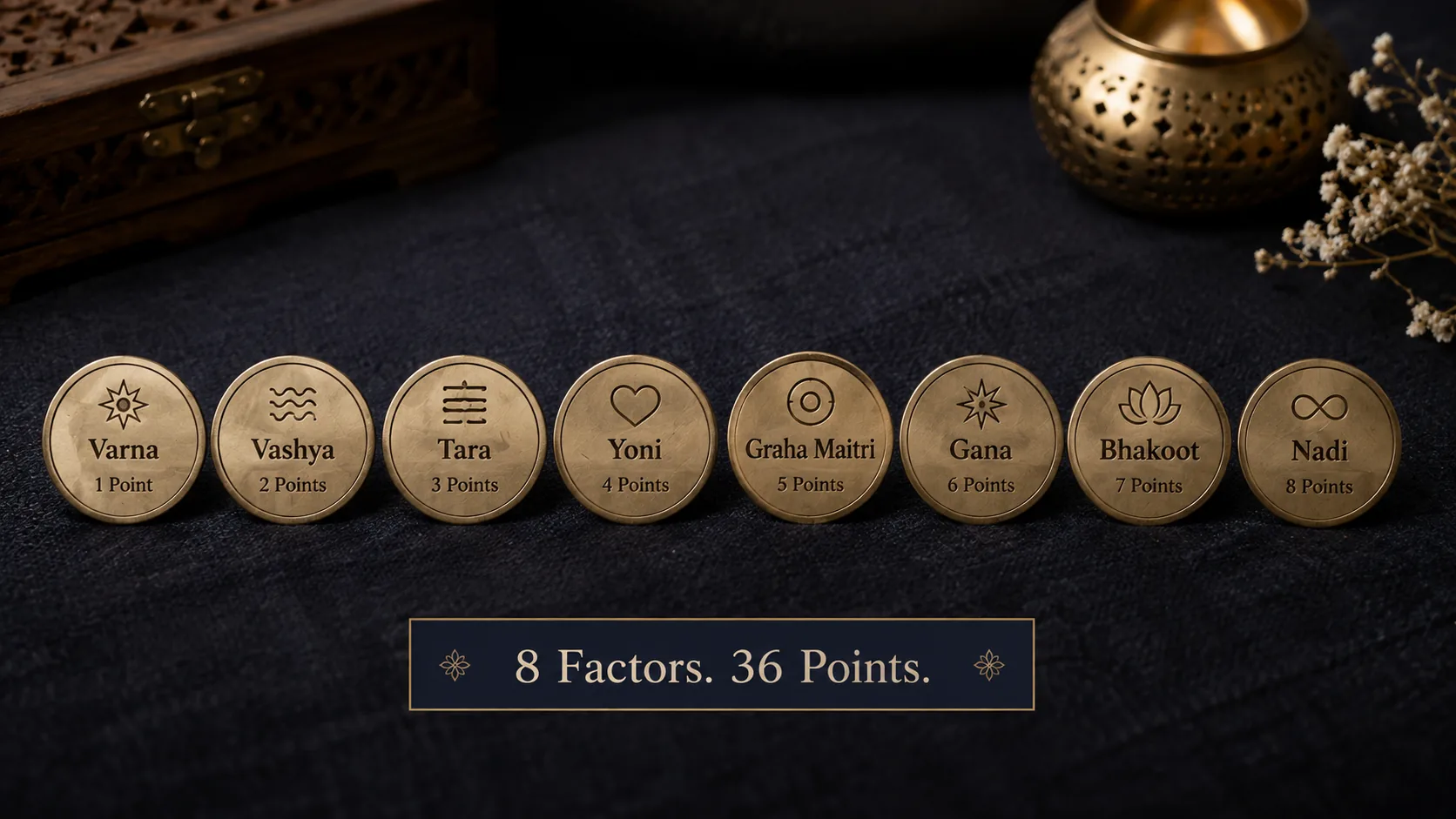 Realistic photo of eight tokens representing the eight Ashtakoot compatibility factors
