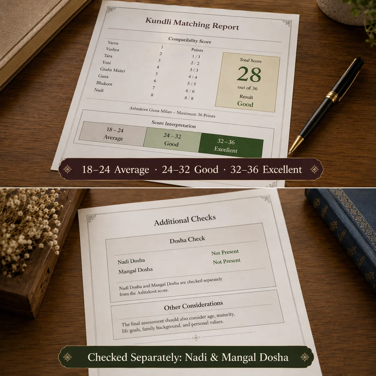 Realistic photo of a Kundli Matching report showing a compatibility score