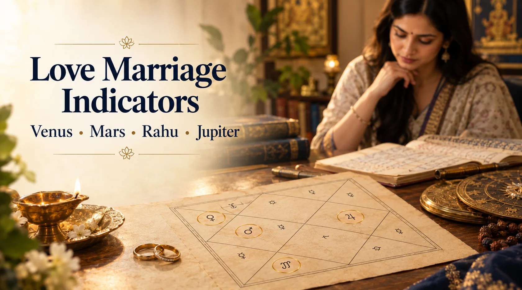 Planetary indicators for love marriage including Venus, Mars, Rahu and Jupiter in Vedic astrology