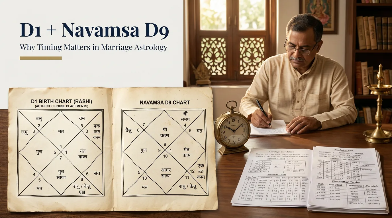 Navamsa D9 chart and dasha timing used to analyse love marriage in Vedic astrology