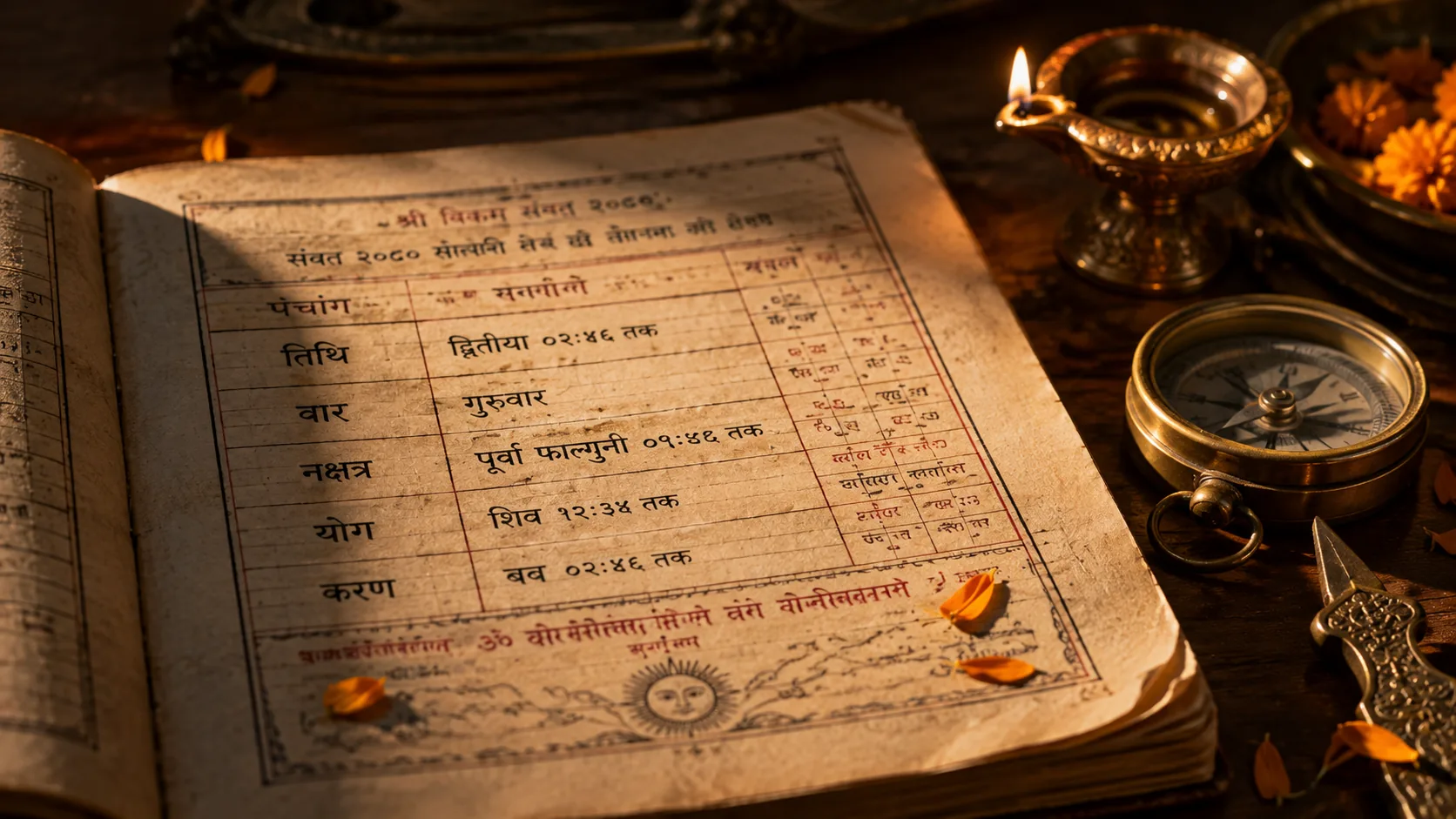 Open traditional Panchang almanac page with astrology tools on a desk