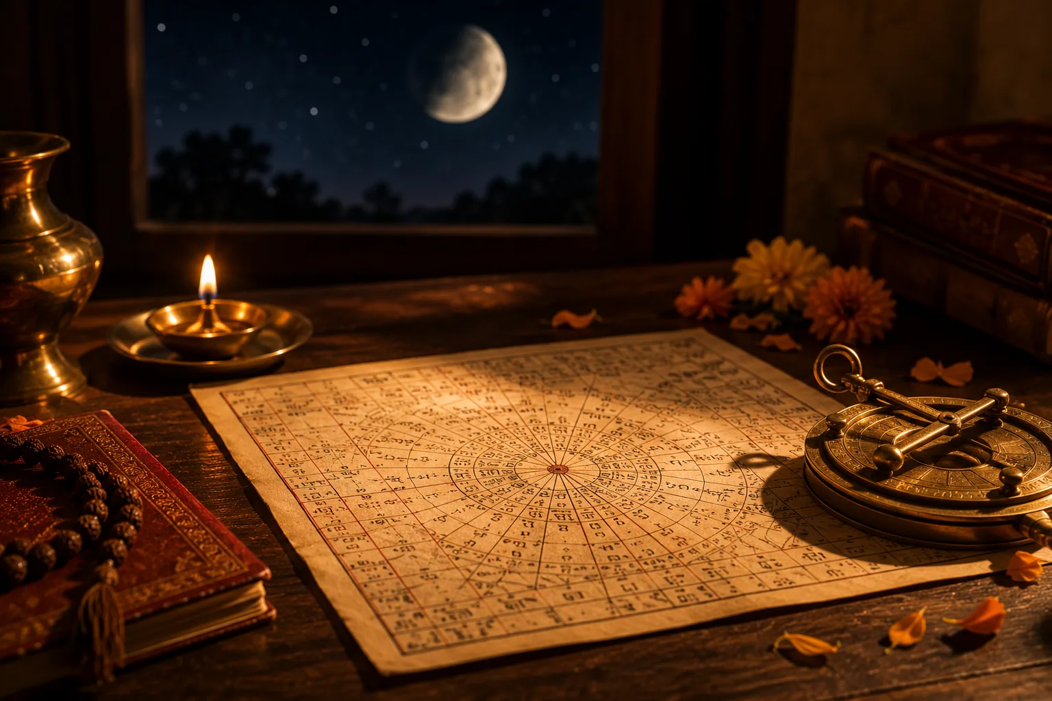 Astrologer reading a traditional Panchang chart by warm light