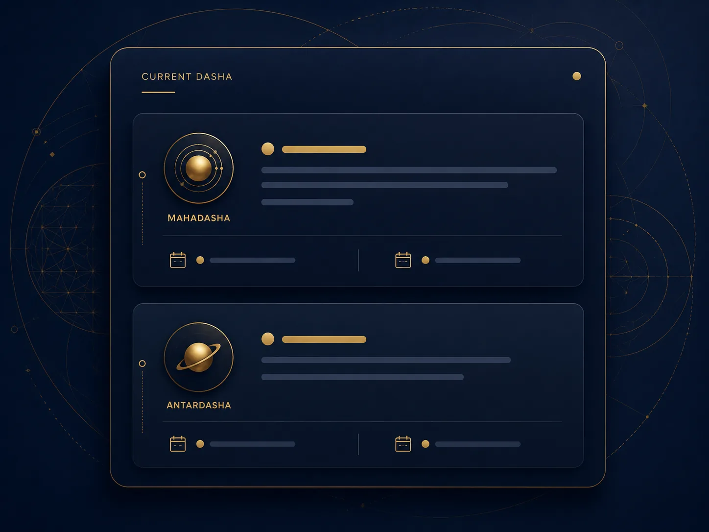 Premium mockup of a Vedic Astrology Dasha Calculator results screen displaying the current Mahadasha and Antardasha with start and end date placeholders.