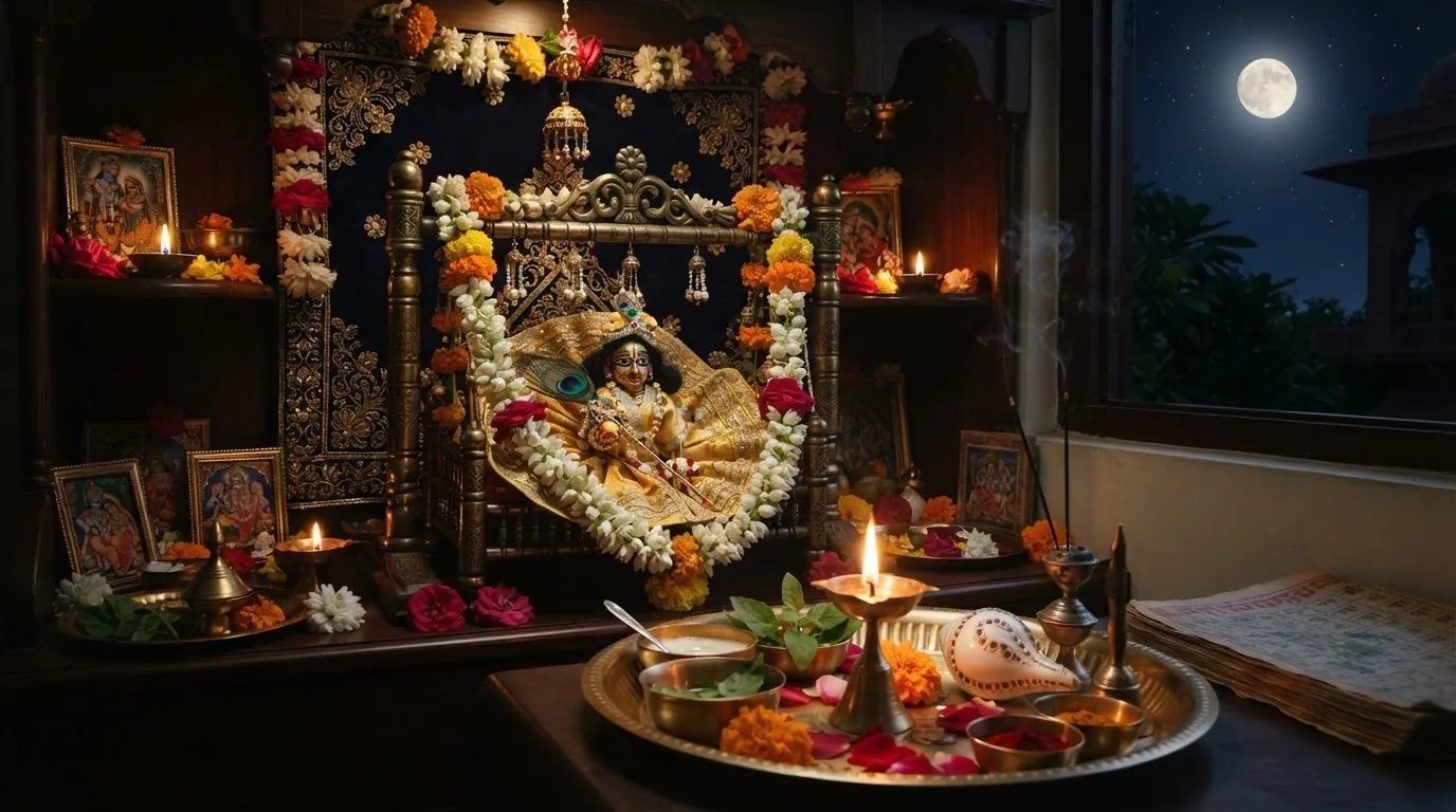 Nishita Puja at midnight during Krishna Janmashtami with Laddu Gopal and Panchamrit