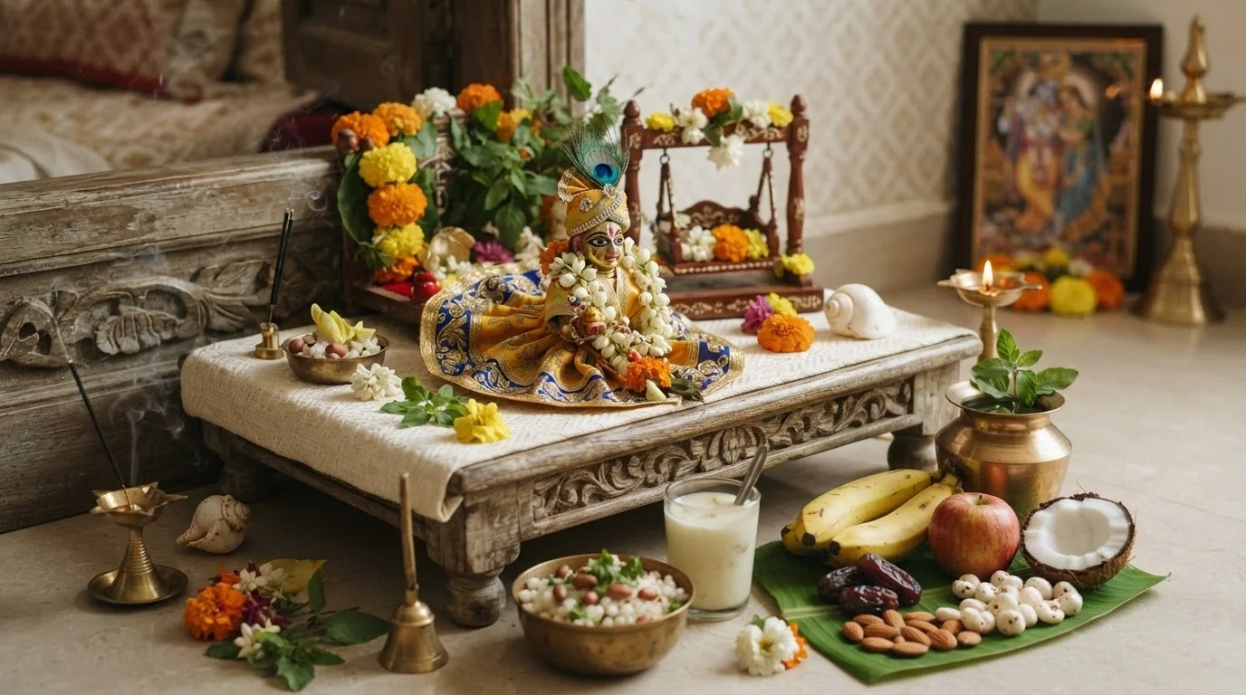 Traditional Janmashtami fasting foods and Laddu Gopal puja in an Indian home