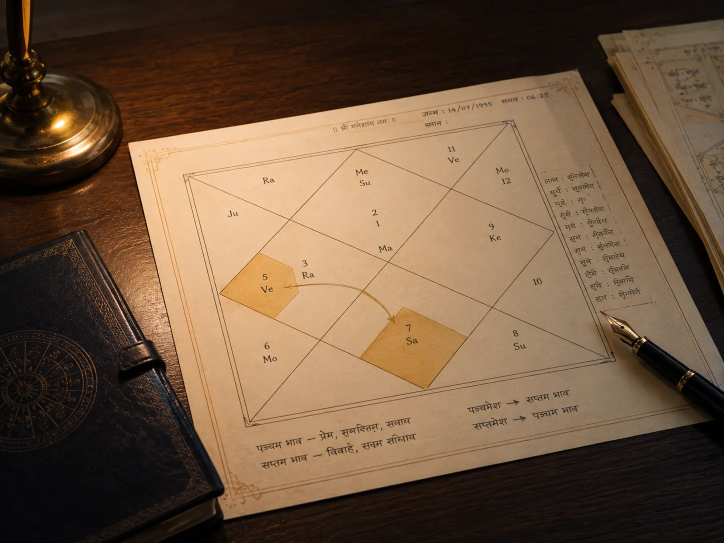 Traditional Vedic Kundli showing the 5th and 7th houses being analysed for marriage patterns.