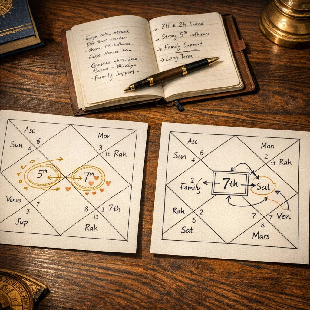 Two Vedic Kundli charts compared to understand different marriage patterns.