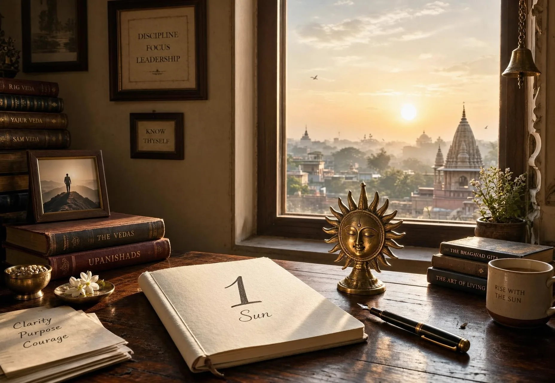 Natural sunlight and a traditional Surya symbol representing Moolank 1