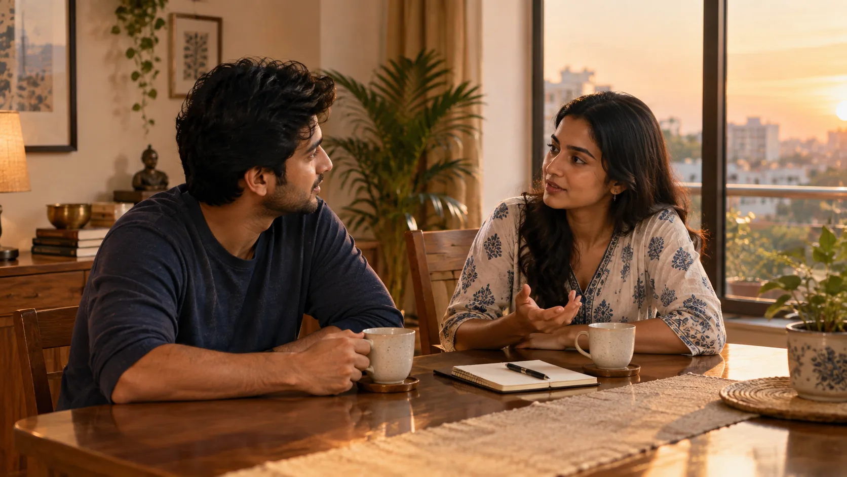Indian couple discussing their relationship with mutual respect and open communication