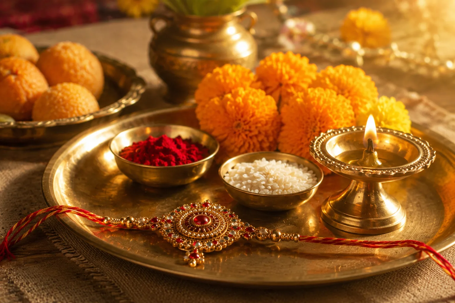 Raksha Bandhan puja thali with Rakhi and traditional items