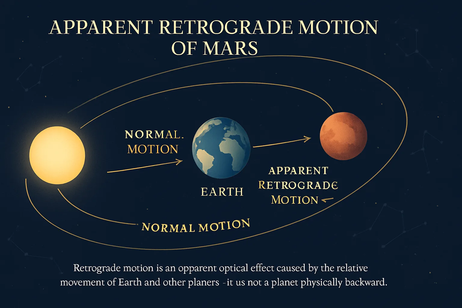 Educational infographic showing how Earth's orbit creates the apparent retrograde motion of Mars around the Sun.