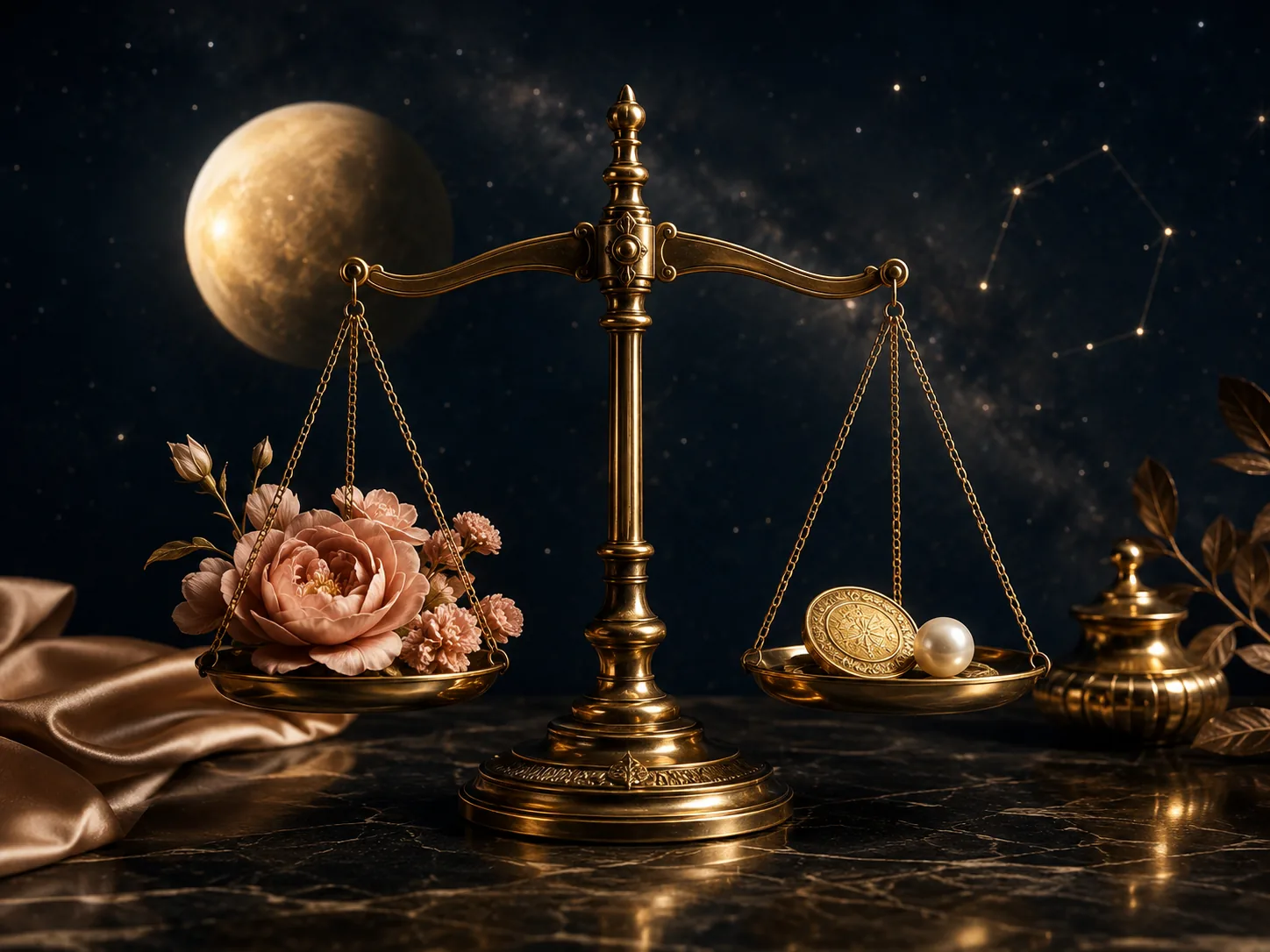 Venus entering Libra represented by balanced golden scales and a subtle celestial setting