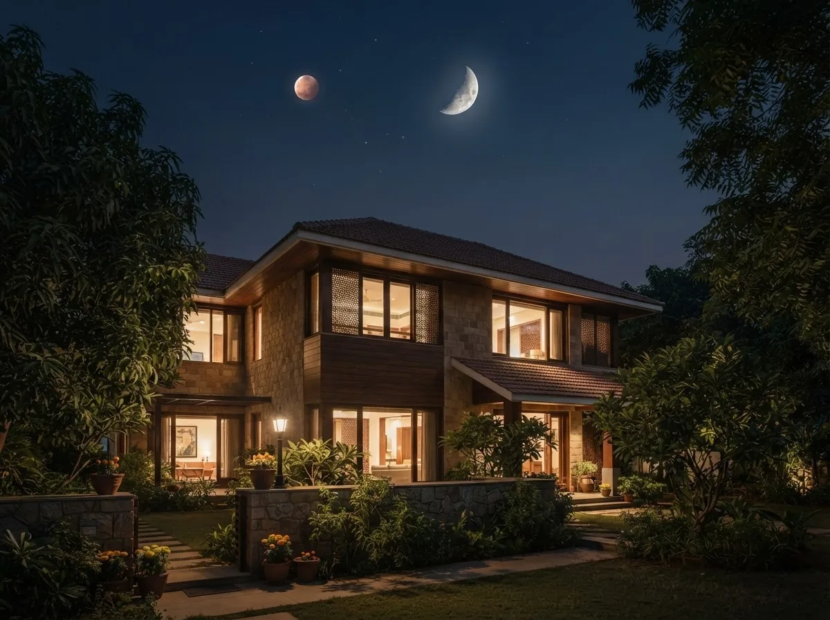 Mars entering Cancer represented by a warmly lit home beneath the Moon and night sky