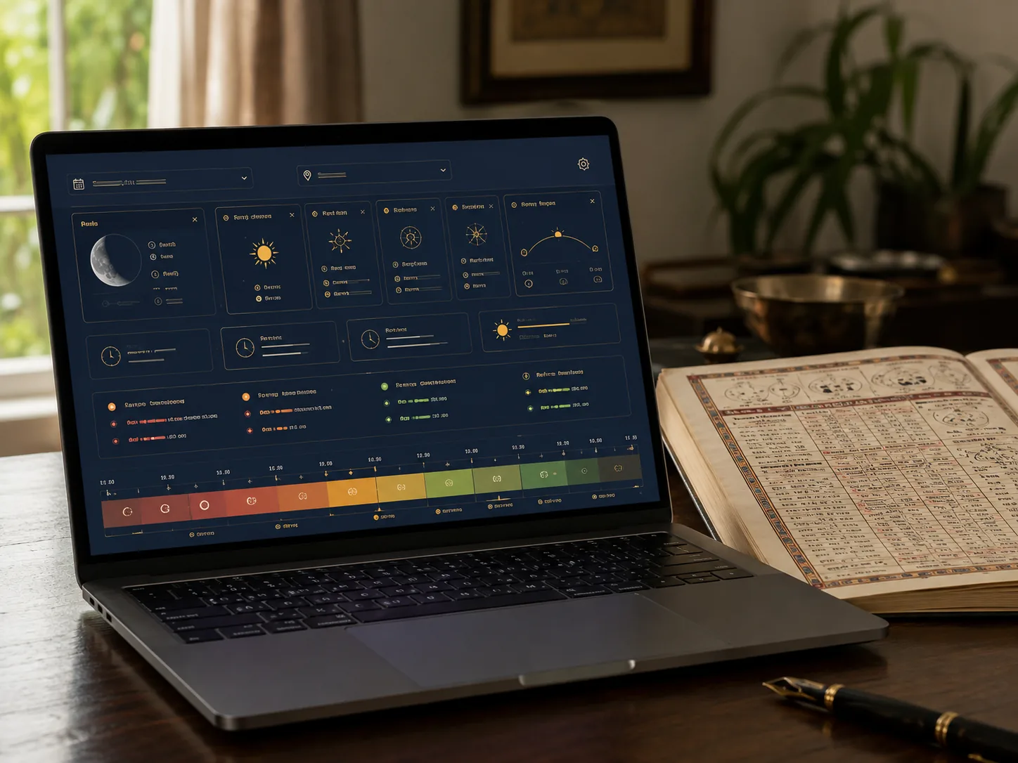 Modern Panchang dashboard showing Tithi, Nakshatra, Yoga, Karana, sunrise, sunset, Rahu Kaal and Choghadiya.