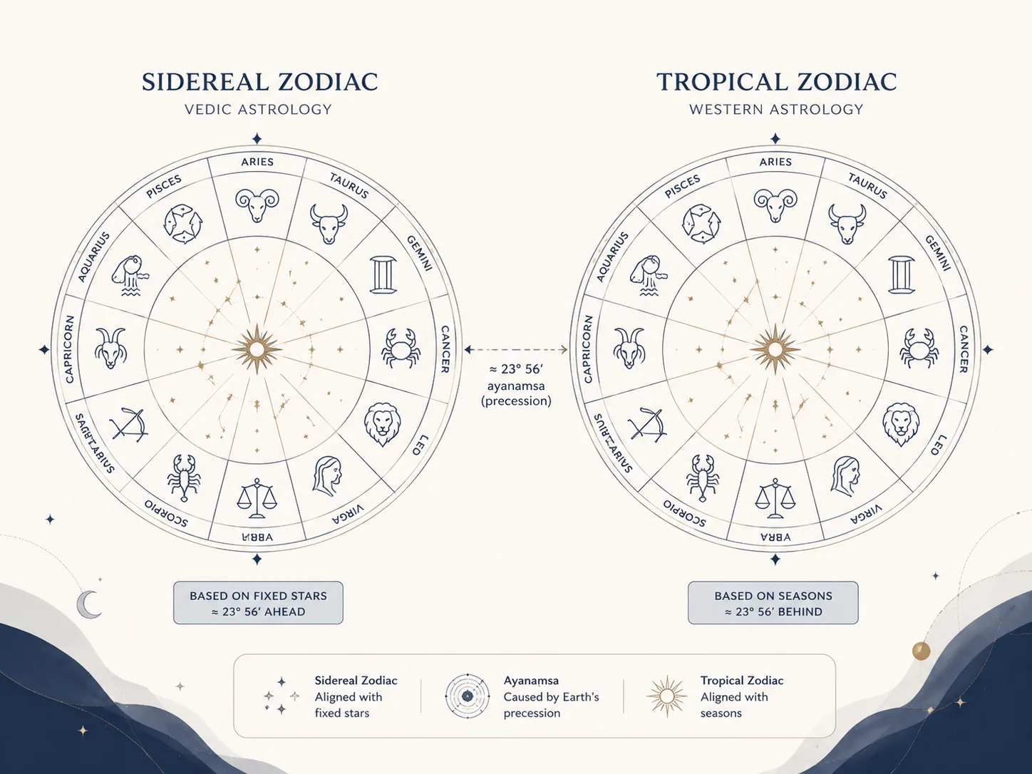 Diagram comparing sidereal and tropical zodiac systems