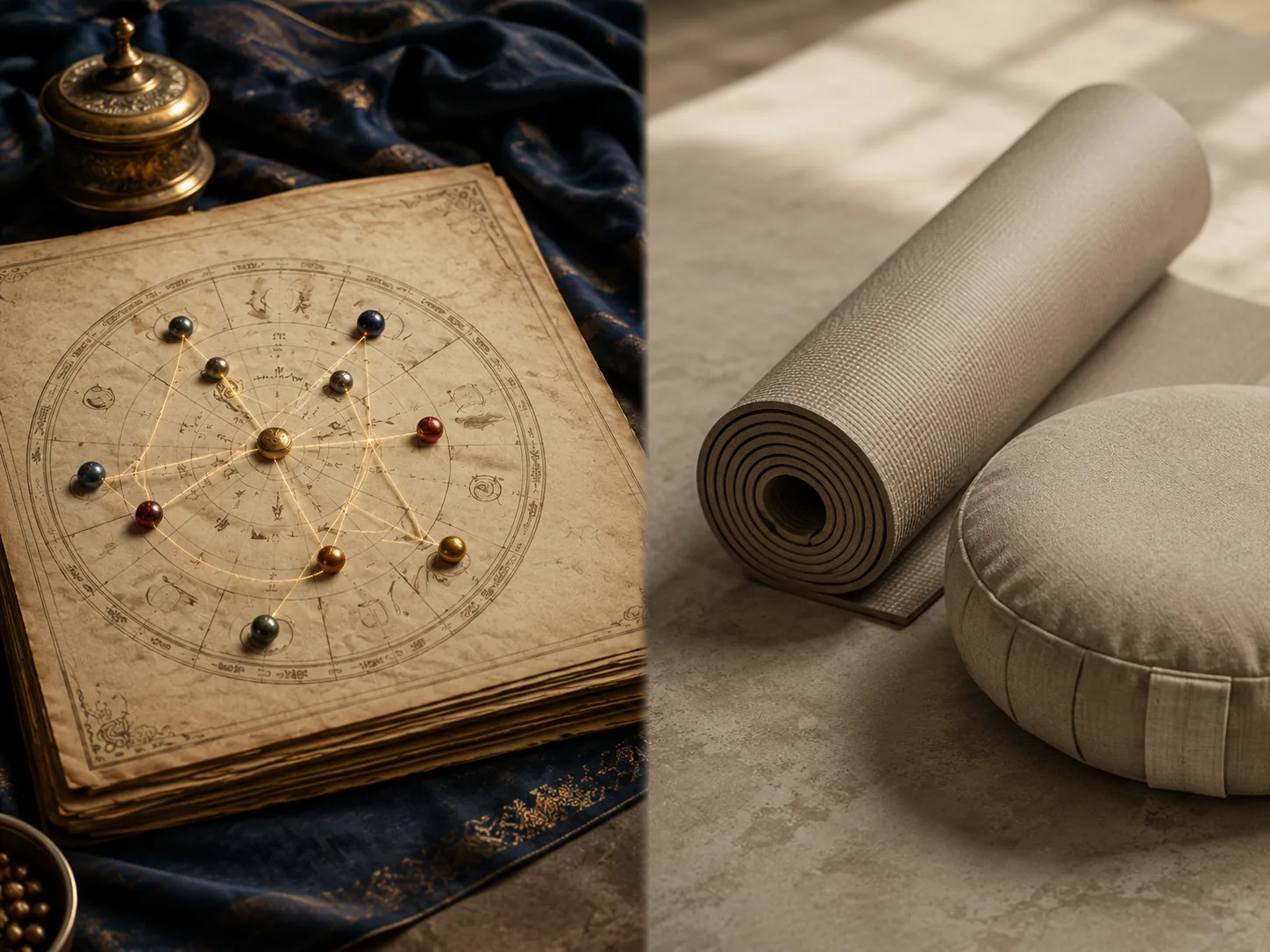 Kundli chart and yoga mat illustrating the two different meanings of yoga