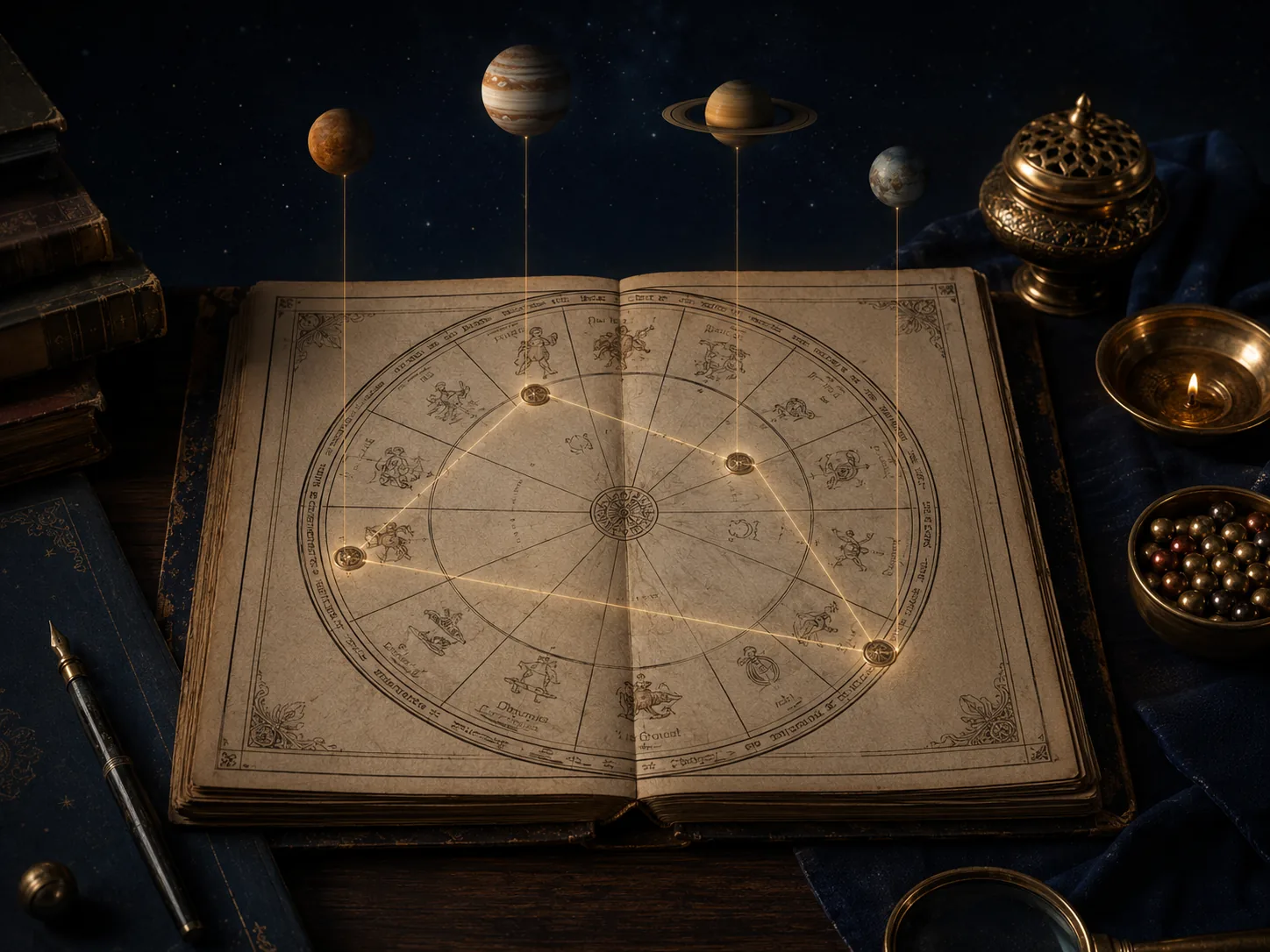 Planetary positions connected across a Kundli to illustrate how a Vedic astrology yoga forms