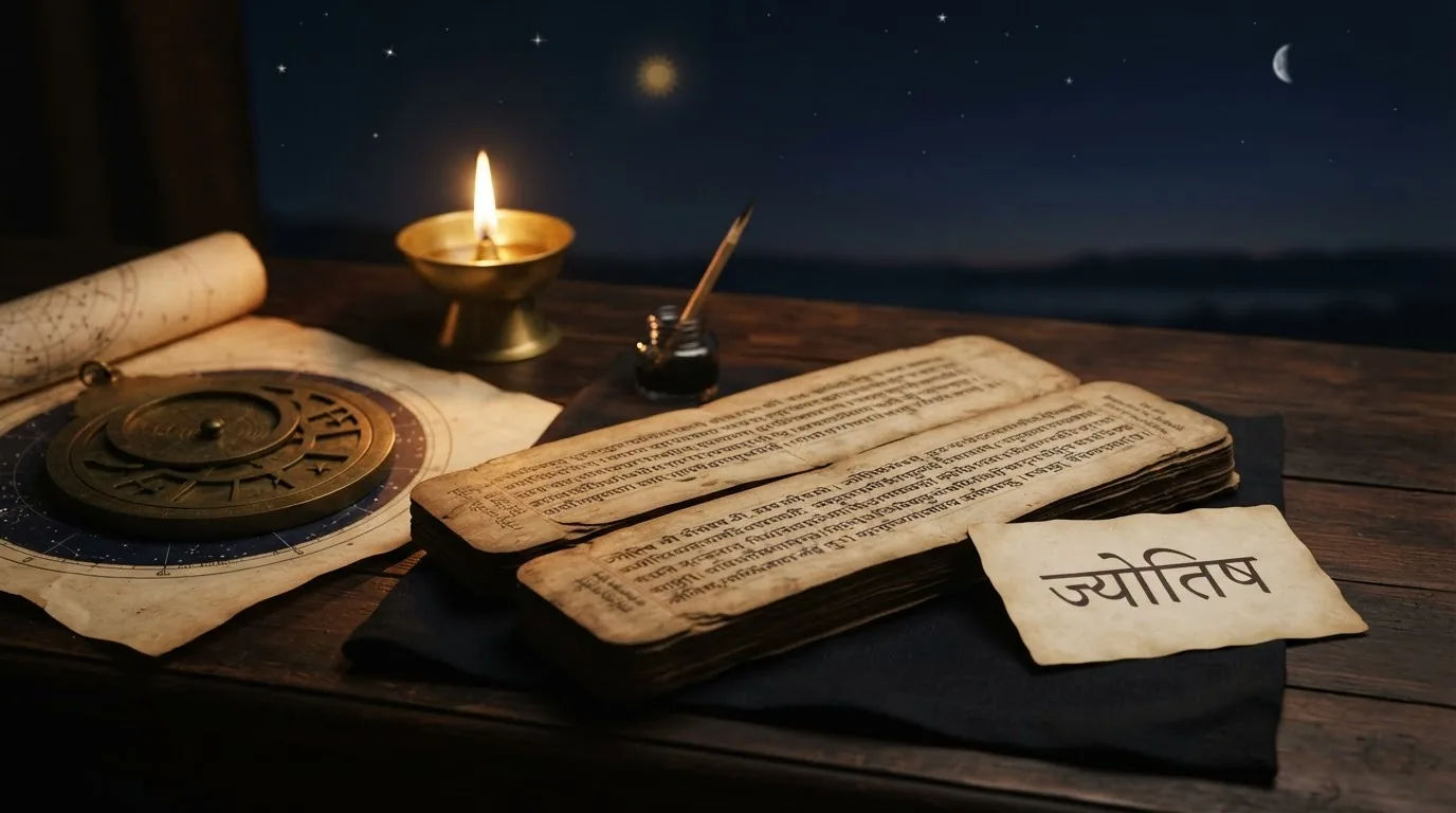 Sanskrit word Jyotish on an ancient manuscript beside astronomical instruments, celestial charts, and a traditional oil lamp.