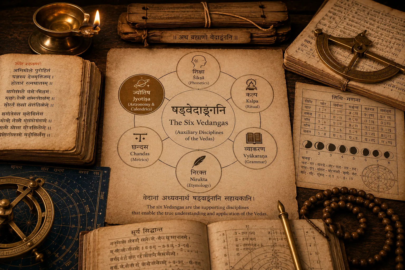 Ancient Indian manuscripts and astronomical instruments representing Jyotish as one of the six Vedangas.