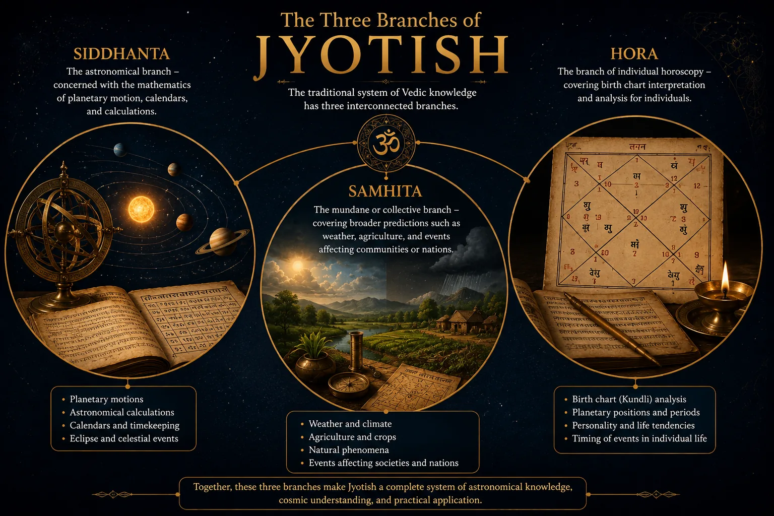 Visual representation of the three branches of Jyotish: Siddhanta, Samhita, and Hora