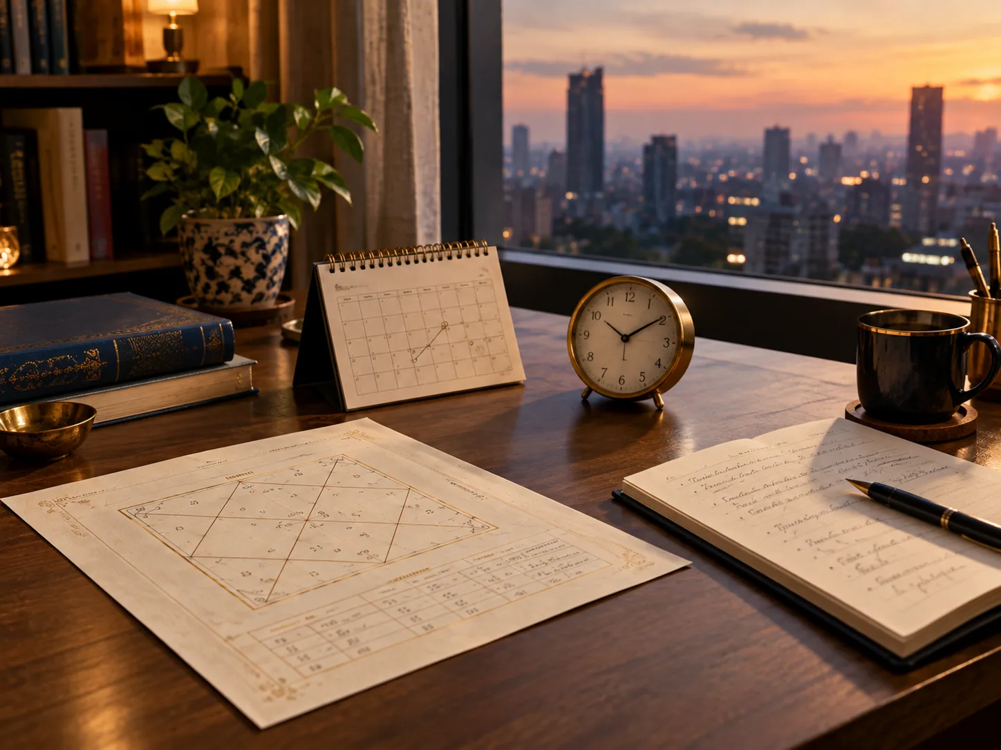 Kundli chart, clock, and calendar representing planetary timing and career opportunities
